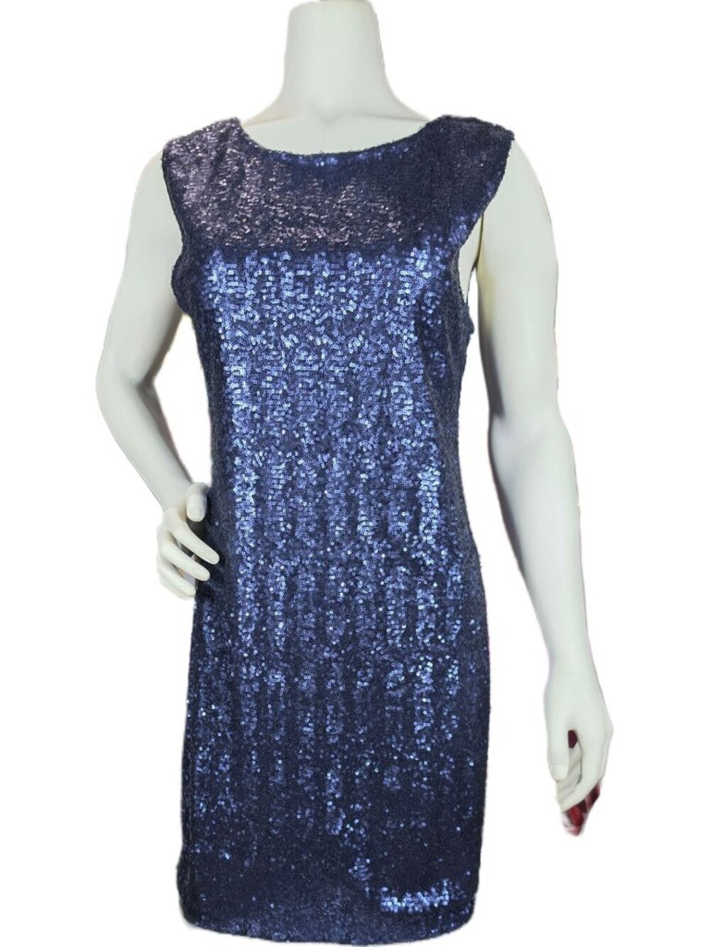 FATE Deep Blue Iridescent Sequin Plunge V-Back Round Neck Mini Party Dress L